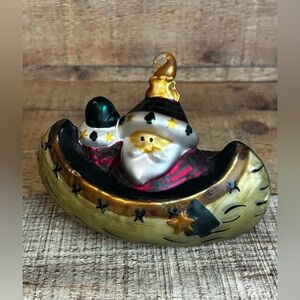 Vintage Santa Claus In Canoe Glass Christmas Tree Ornament Rustic Lake